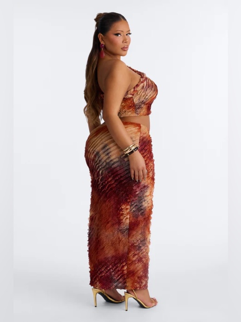 Fashion Nova Rust Tie-Dye One-Shoulder Crop Top & Midi Skirt Set NWT - Picture 6 of 8